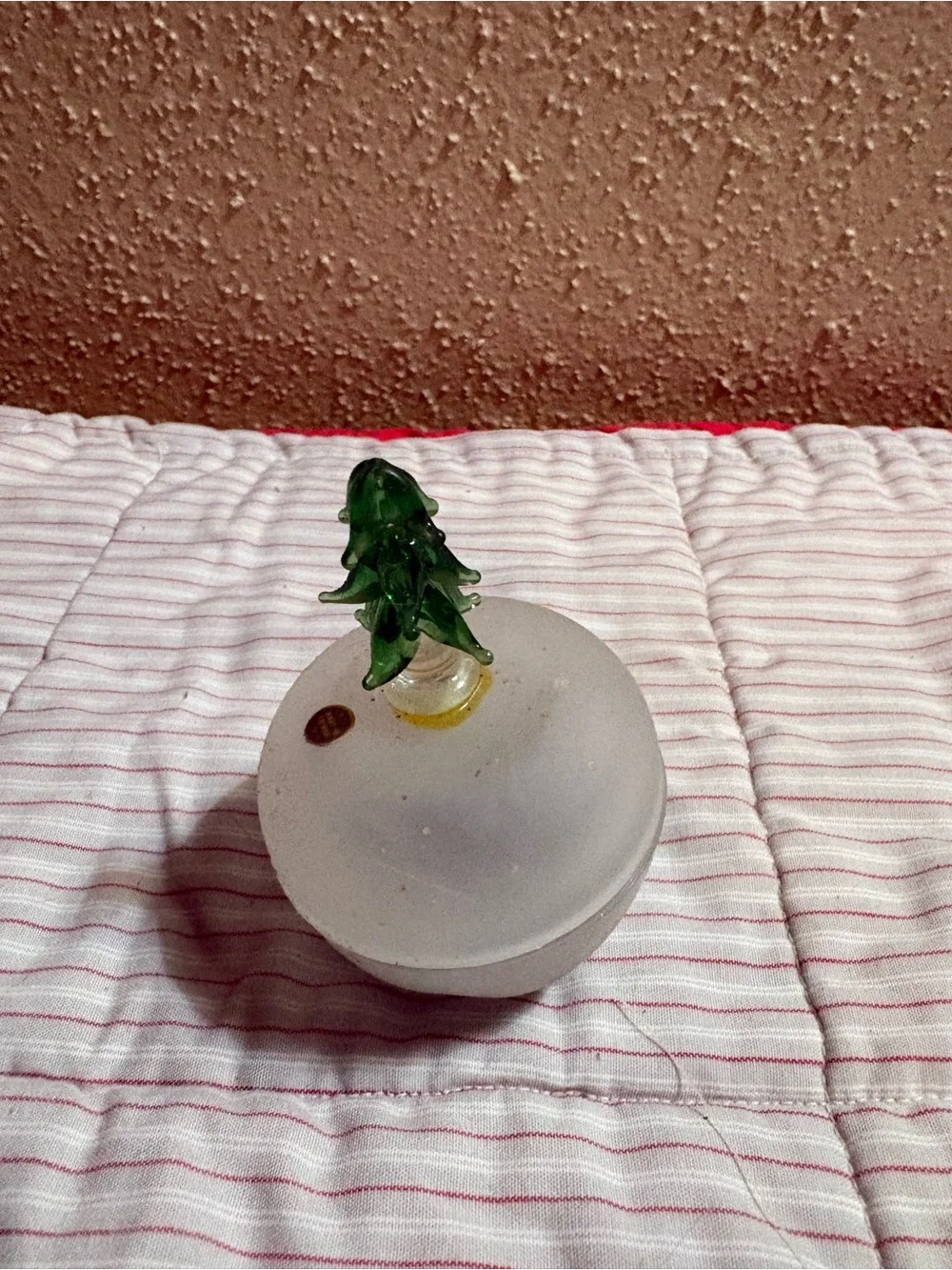 Vintage Frosted Blown Glass Candle with Green Glass Tree Top